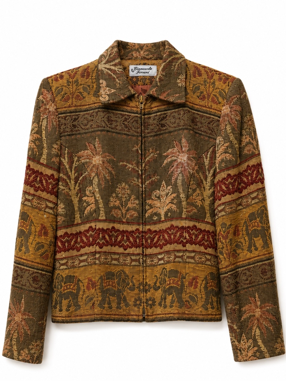 Vintage 90s Giancarlo Ferrari Safari Elephant Tapestry Zip Jacket Sz 8